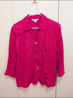 JM Collection Bright Pink Linen Button-Front Summer Shirt Jacket